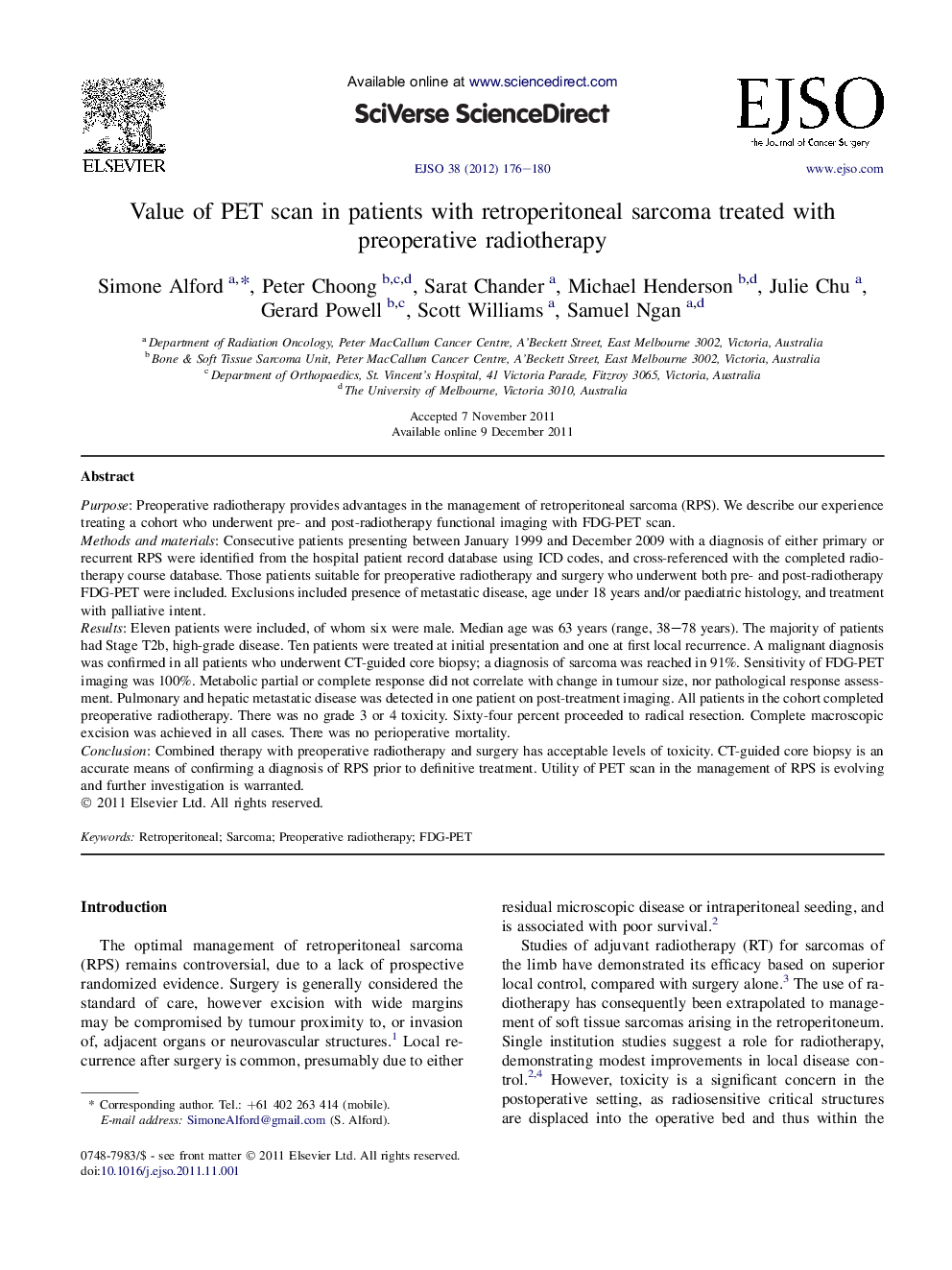 Value of PET scan in patients with retroperitoneal sarcoma treated with preoperative radiotherapy