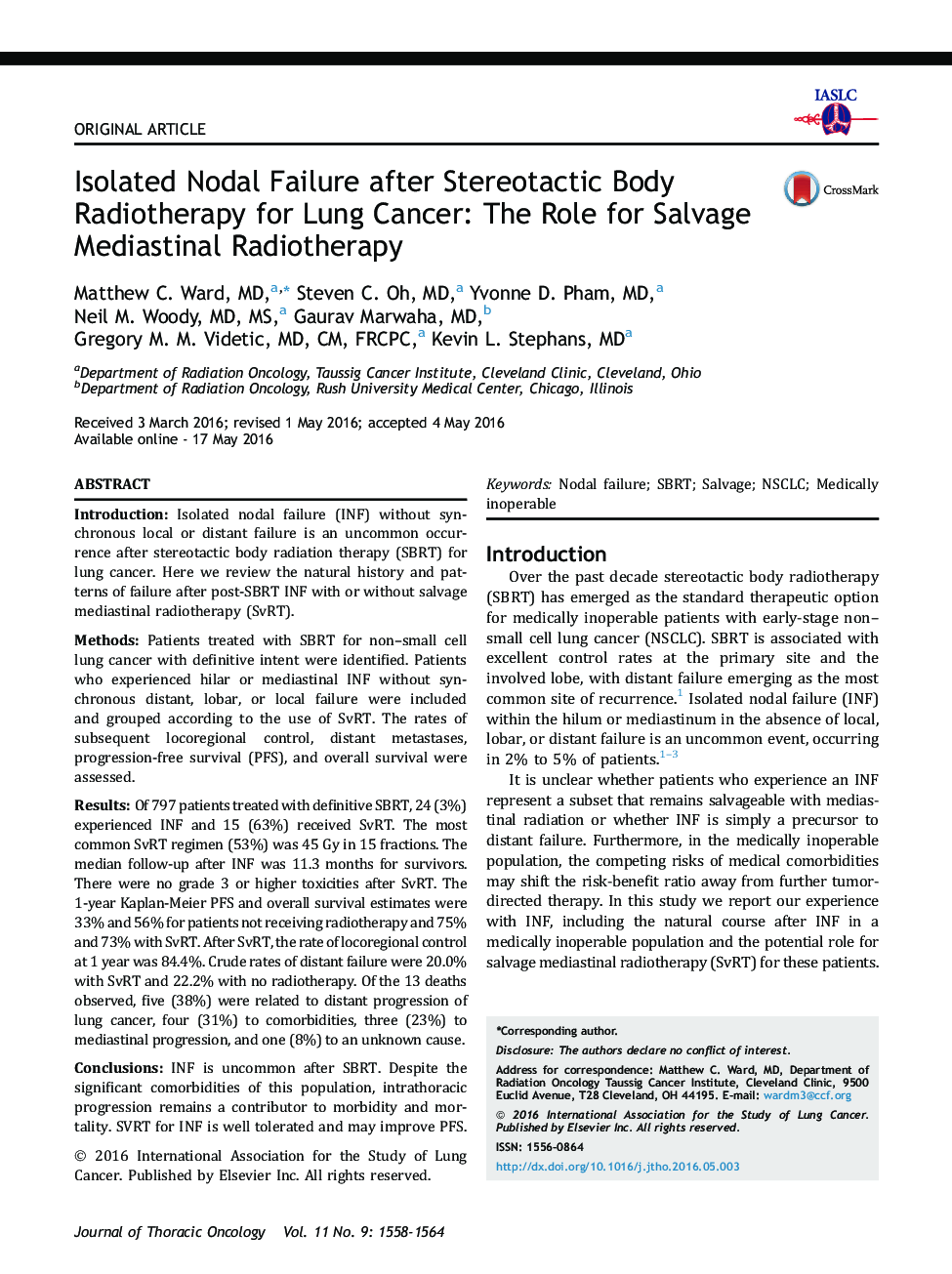 Isolated Nodal Failure after Stereotactic Body Radiotherapy for Lung Cancer: The Role for Salvage Mediastinal Radiotherapy