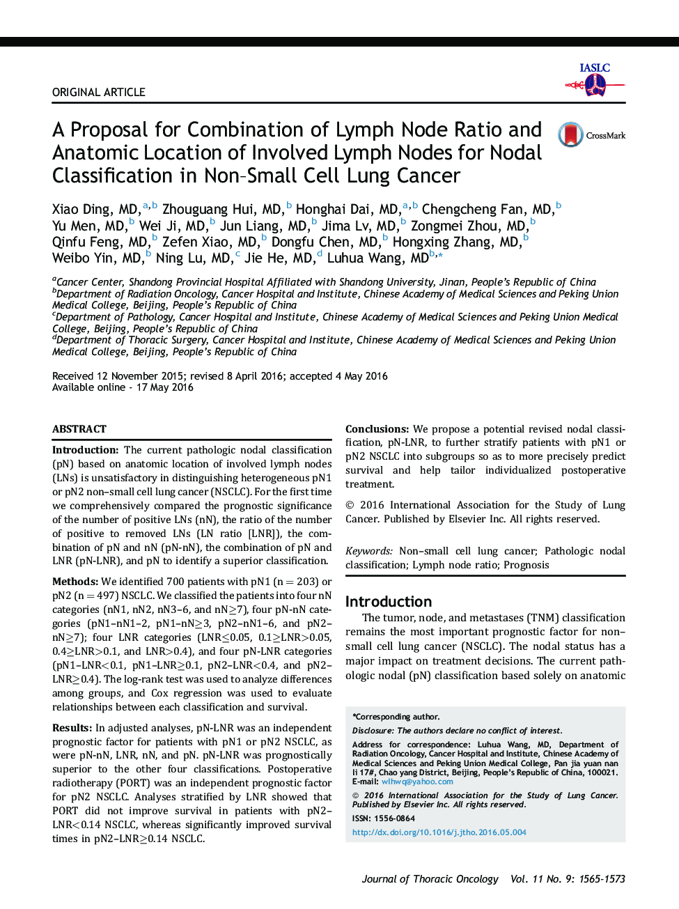 A Proposal for Combination of Lymph Node Ratio and Anatomic Location of Involved Lymph Nodes for Nodal Classification in Non-Small Cell Lung Cancer