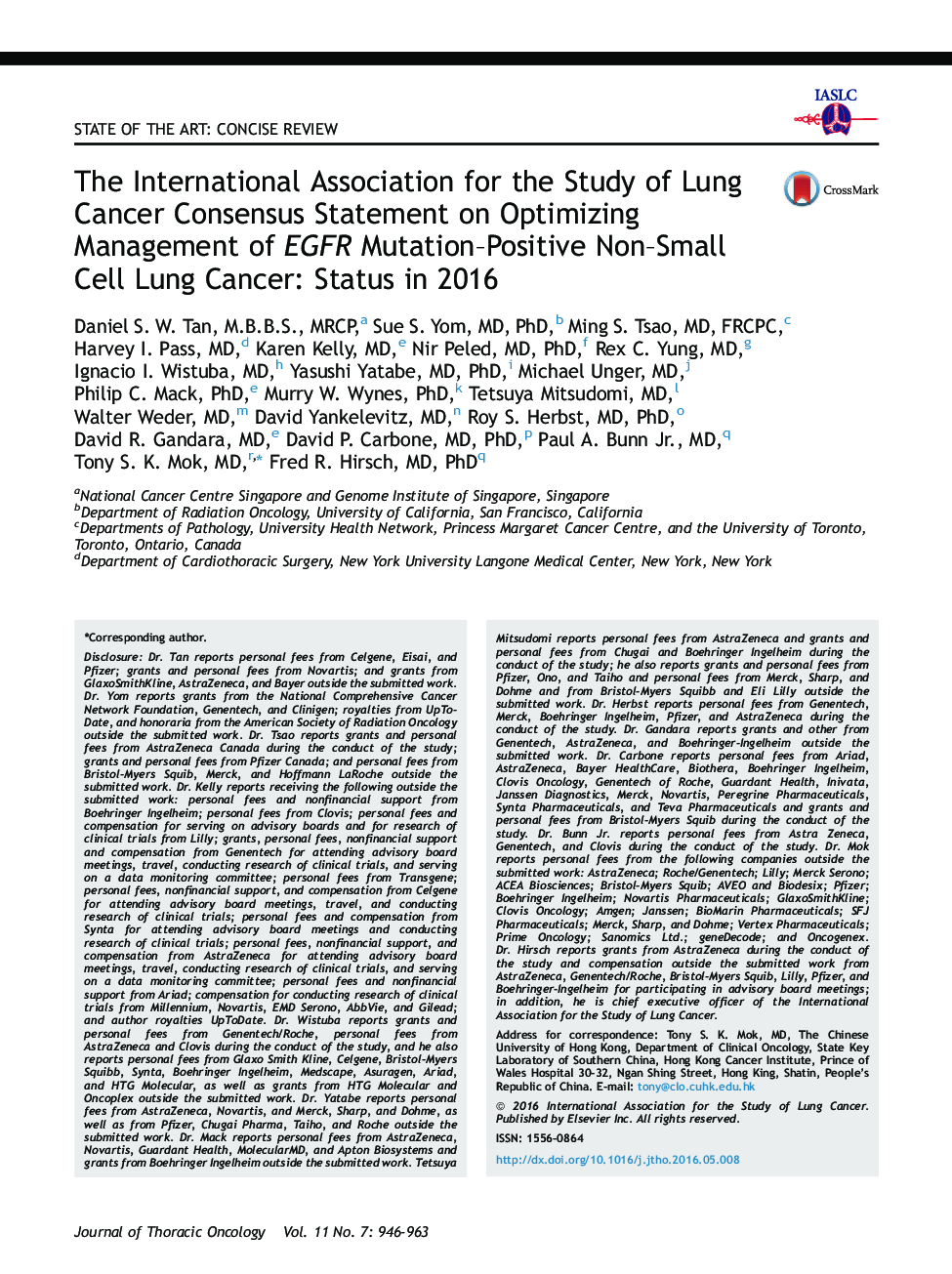 The International Association for the Study of Lung Cancer Consensus Statement on Optimizing Management of EGFR Mutation-Positive Non-Small Cell Lung Cancer: Status in 2016