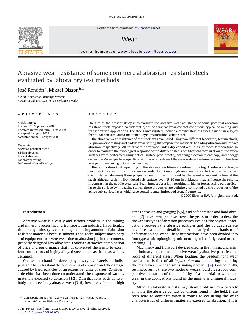 Abrasive wear resistance of some commercial abrasion resistant steels evaluated by laboratory test methods