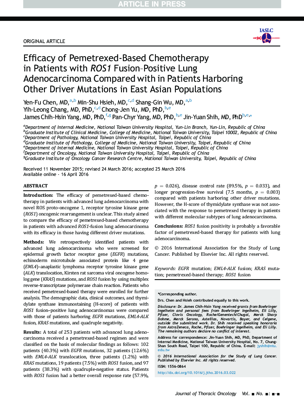 Efficacy of Pemetrexed-Based Chemotherapy in Patients with ROS1 Fusion-Positive Lung Adenocarcinoma Compared with in Patients Harboring Other Driver Mutations in East Asian Populations