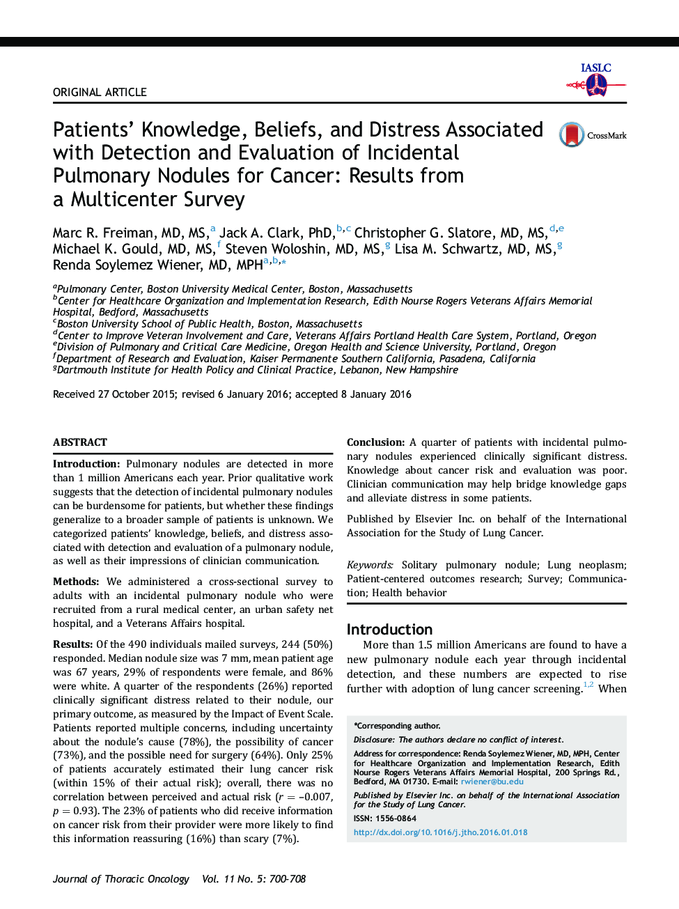 Patients' Knowledge, Beliefs, and Distress Associated with Detection and Evaluation of Incidental Pulmonary Nodules for Cancer: Results from a Multicenter Survey