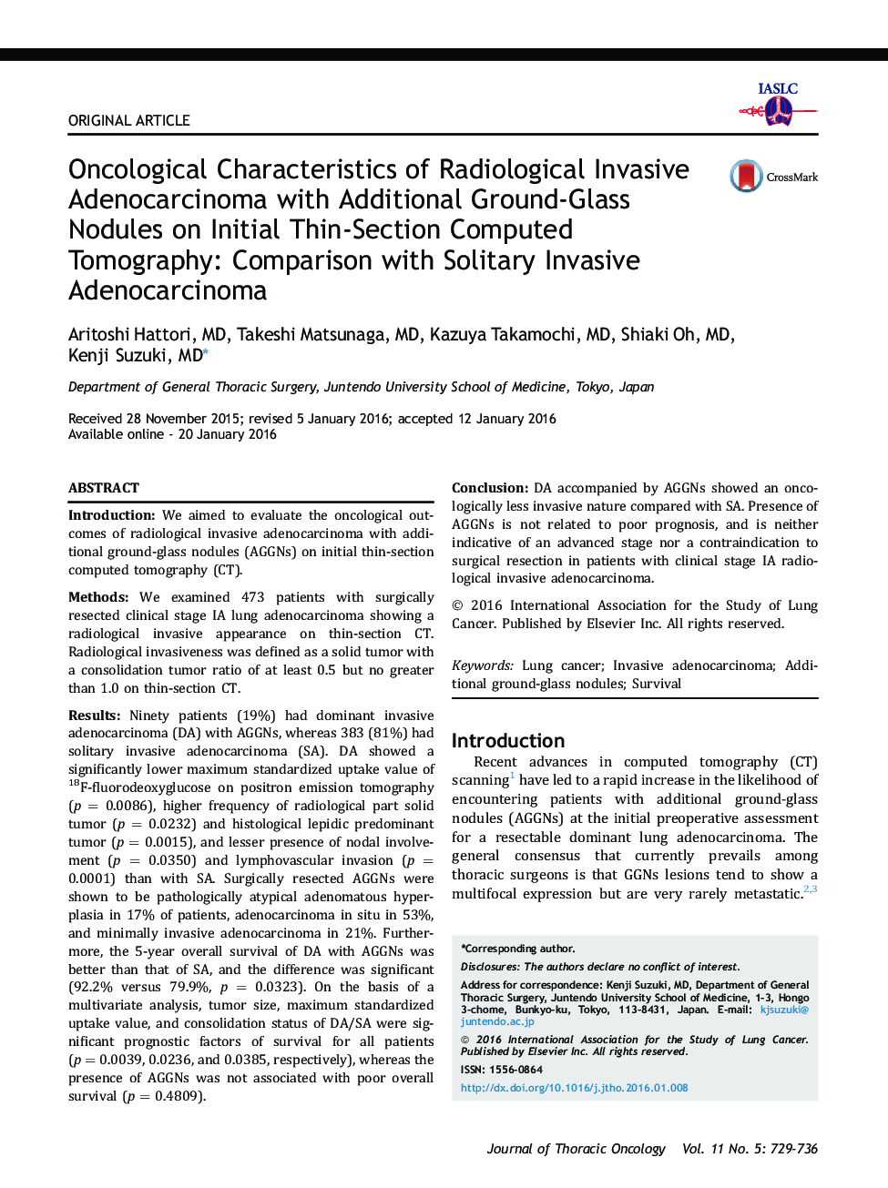 Oncological Characteristics of Radiological Invasive Adenocarcinoma with Additional Ground-Glass Nodules on Initial Thin-Section Computed Tomography: Comparison with Solitary Invasive Adenocarcinoma