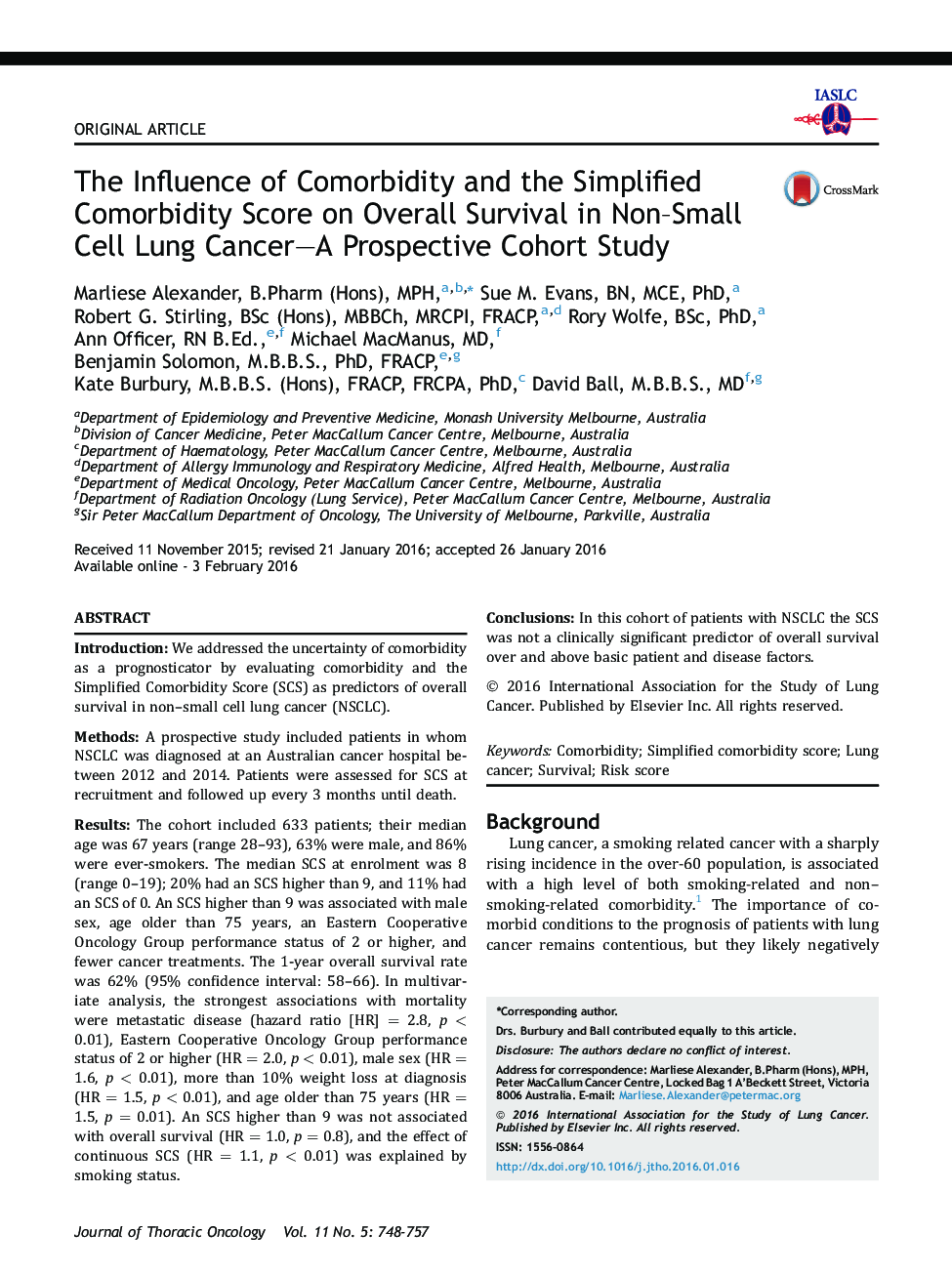 The Influence of Comorbidity and the Simplified Comorbidity Score on Overall Survival in Non-Small Cell Lung Cancer-A Prospective Cohort Study