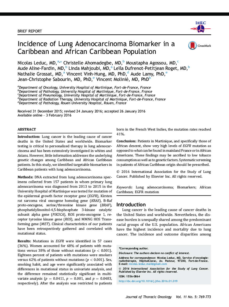 Incidence of Lung Adenocarcinoma Biomarker in a Caribbean and African Caribbean Population