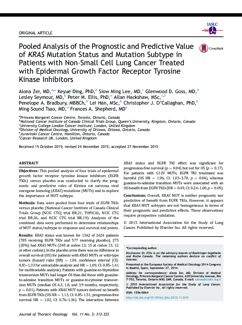 Pooled Analysis of the Prognostic and Predictive Value of KRAS Mutation Status and Mutation Subtype in Patients with Non-Small Cell Lung Cancer Treated with Epidermal Growth Factor Receptor Tyrosine Kinase Inhibitors