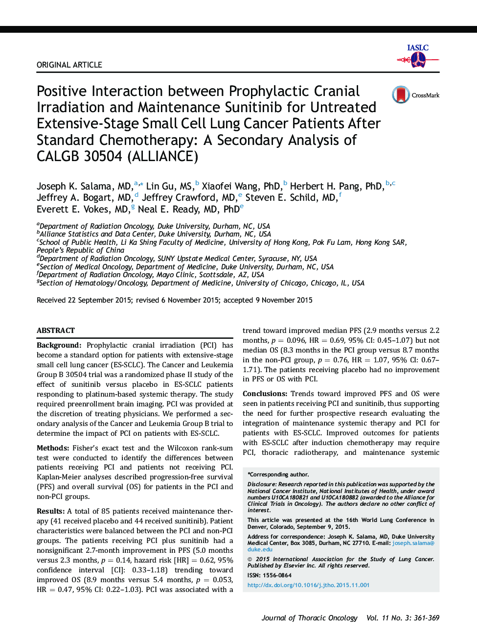 Positive Interaction between Prophylactic Cranial Irradiation and Maintenance Sunitinib for Untreated Extensive-Stage Small Cell Lung Cancer Patients After Standard Chemotherapy: A Secondary Analysis of CALGB 30504 (ALLIANCE)