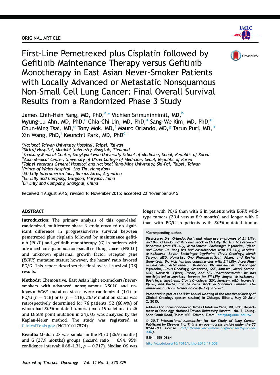 First-Line Pemetrexed plus Cisplatin followed by Gefitinib Maintenance Therapy versus Gefitinib Monotherapy in East Asian Never-Smoker Patients with Locally Advanced or Metastatic Nonsquamous Non-Small Cell Lung Cancer: Final Overall Survival Results fr