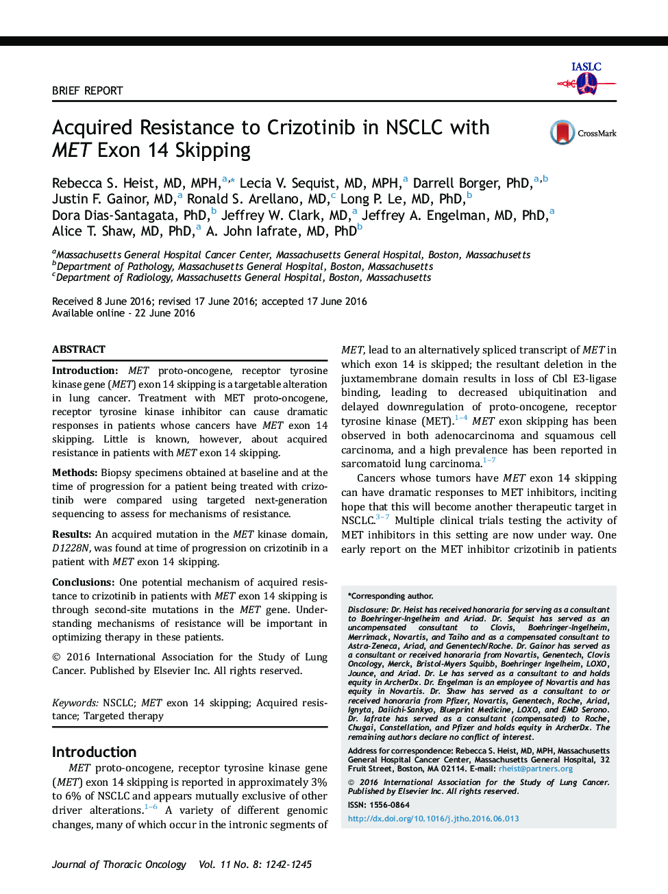 Acquired Resistance to Crizotinib in NSCLC with METÂ Exon 14 Skipping