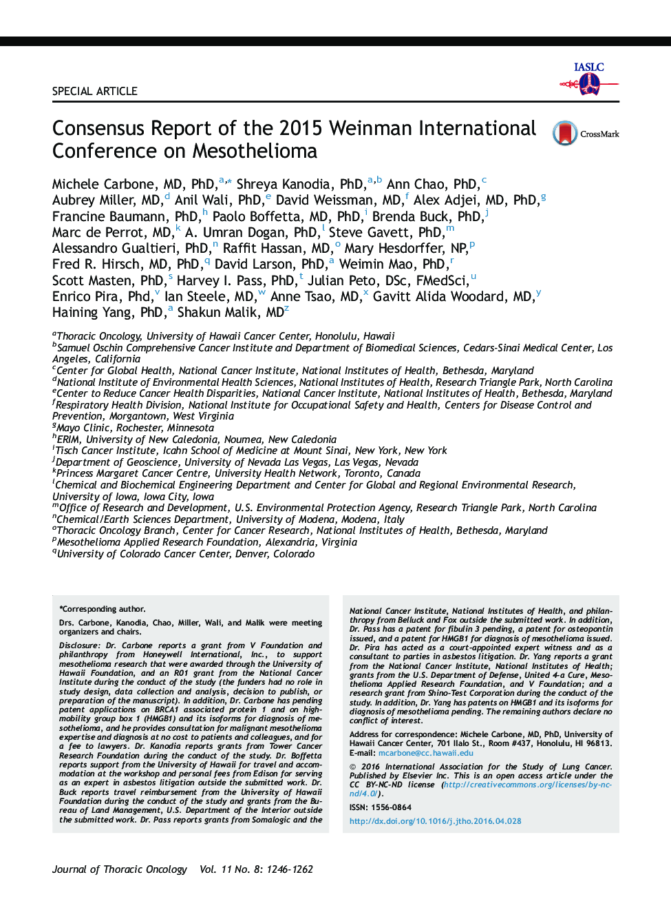 Consensus Report of the 2015 Weinman International Conference on Mesothelioma