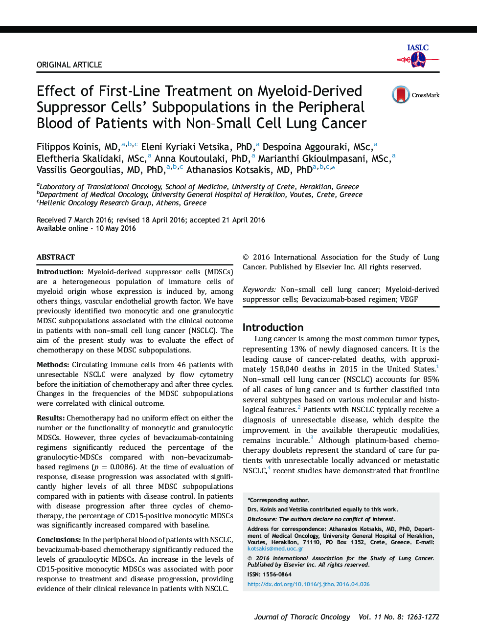 Effect of First-Line Treatment on Myeloid-Derived Suppressor Cells' Subpopulations in the Peripheral Blood of Patients with Non-Small Cell Lung Cancer