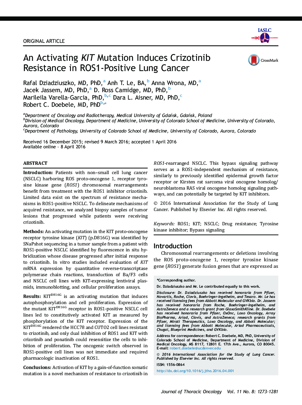 An Activating KIT Mutation Induces Crizotinib Resistance in ROS1-Positive Lung Cancer