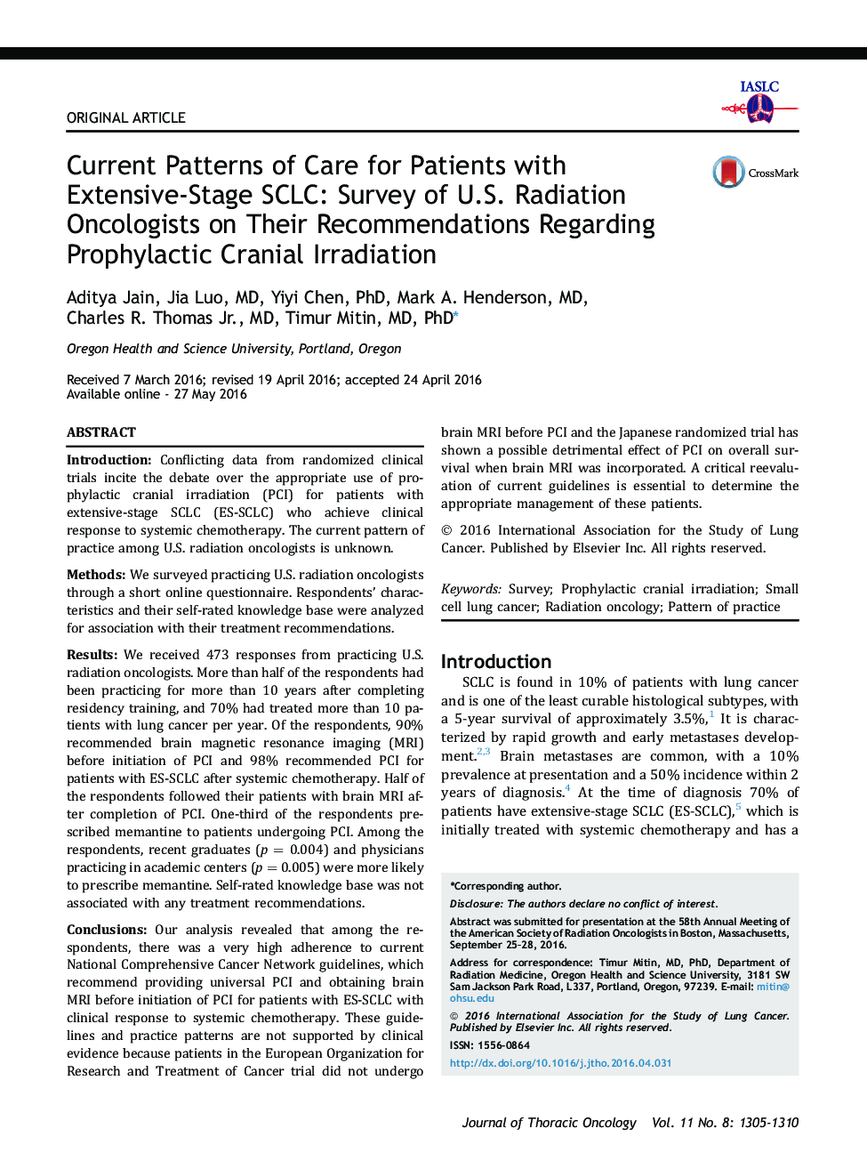 Current Patterns of Care for Patients with Extensive-Stage SCLC: Survey of U.S. Radiation Oncologists on Their Recommendations Regarding Prophylactic Cranial Irradiation