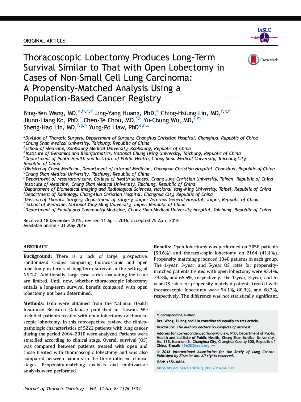 Thoracoscopic Lobectomy Produces Long-Term Survival Similar to That with Open Lobectomy in Cases of Non-Small Cell Lung Carcinoma: AÂ Propensity-Matched Analysis Using a Population-Based Cancer Registry