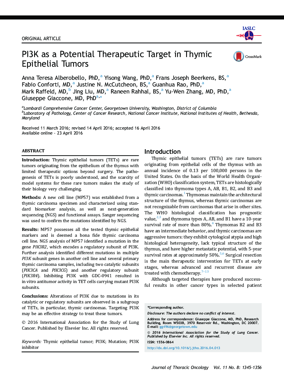 PI3K as a Potential Therapeutic Target in Thymic Epithelial Tumors