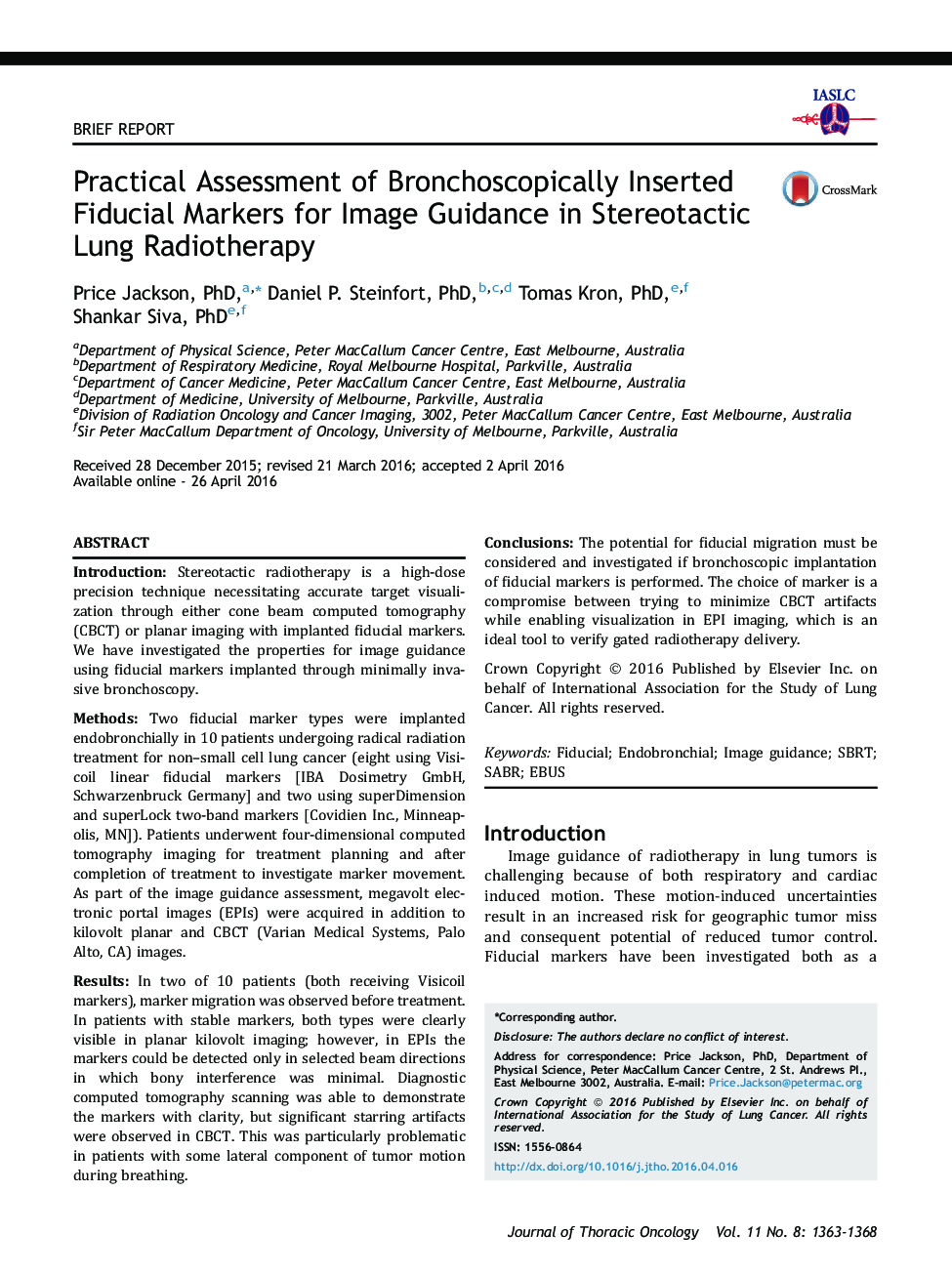 Practical Assessment of Bronchoscopically Inserted Fiducial Markers for Image Guidance in Stereotactic Lung Radiotherapy