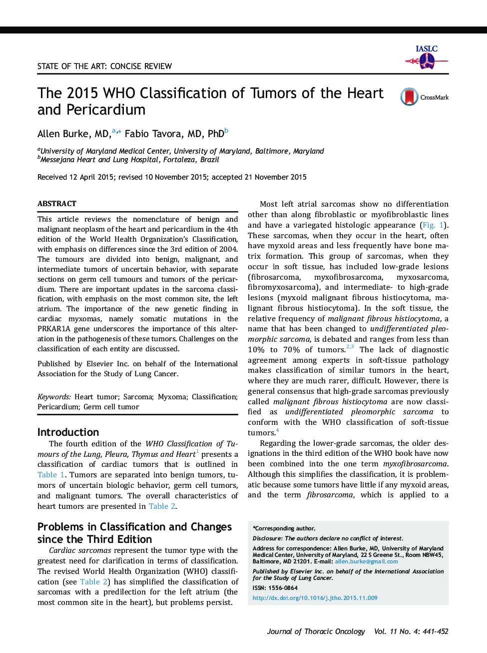 The 2015 WHO Classification of Tumors of the Heart and Pericardium