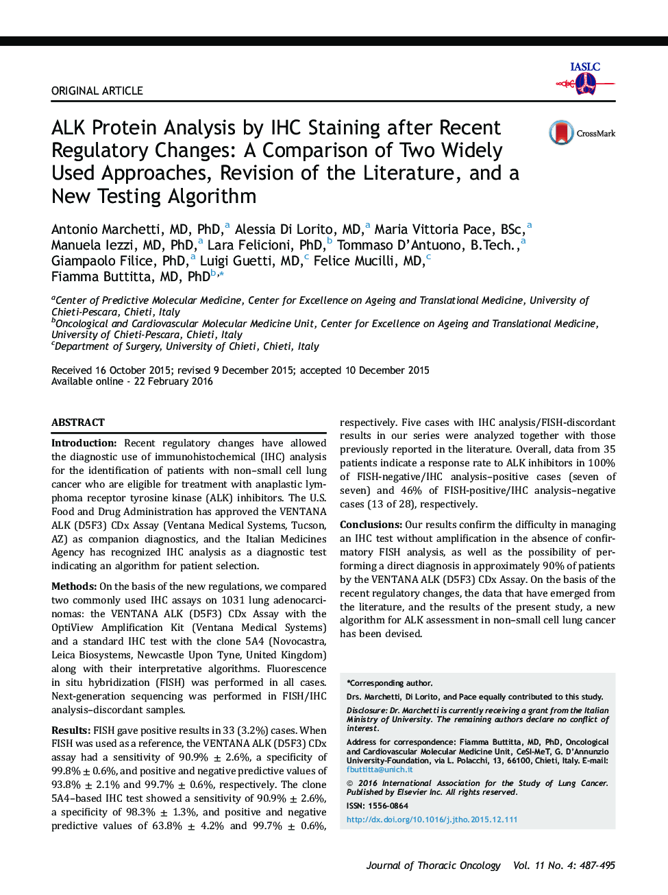 ALK Protein Analysis by IHC Staining after Recent Regulatory Changes: A Comparison of Two Widely Used Approaches, Revision of the Literature, and a New Testing Algorithm