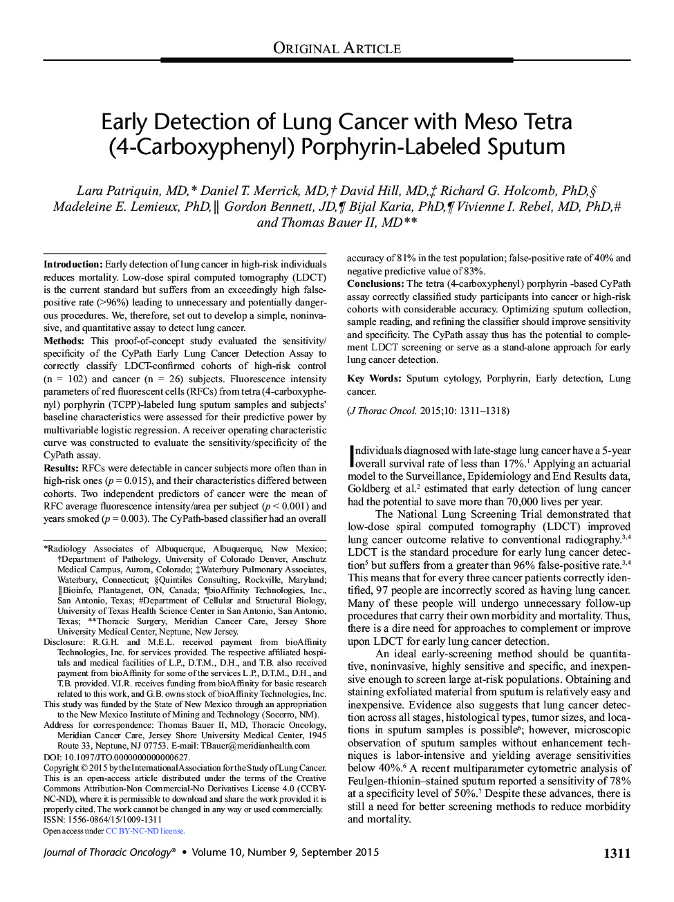 Early Detection of Lung Cancer with Meso Tetra (4-Carboxyphenyl) Porphyrin-Labeled Sputum