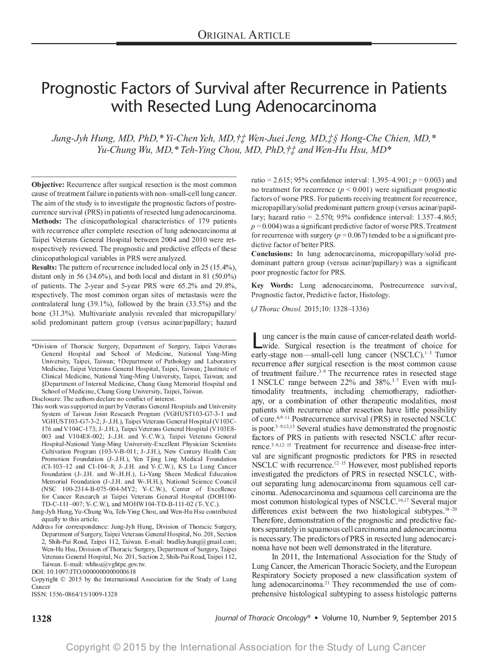 Prognostic Factors of Survival after Recurrence in Patients with Resected Lung Adenocarcinoma