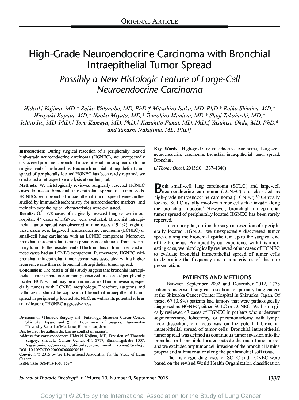 High-Grade Neuroendocrine Carcinoma with Bronchial Intraepithelial Tumor Spread