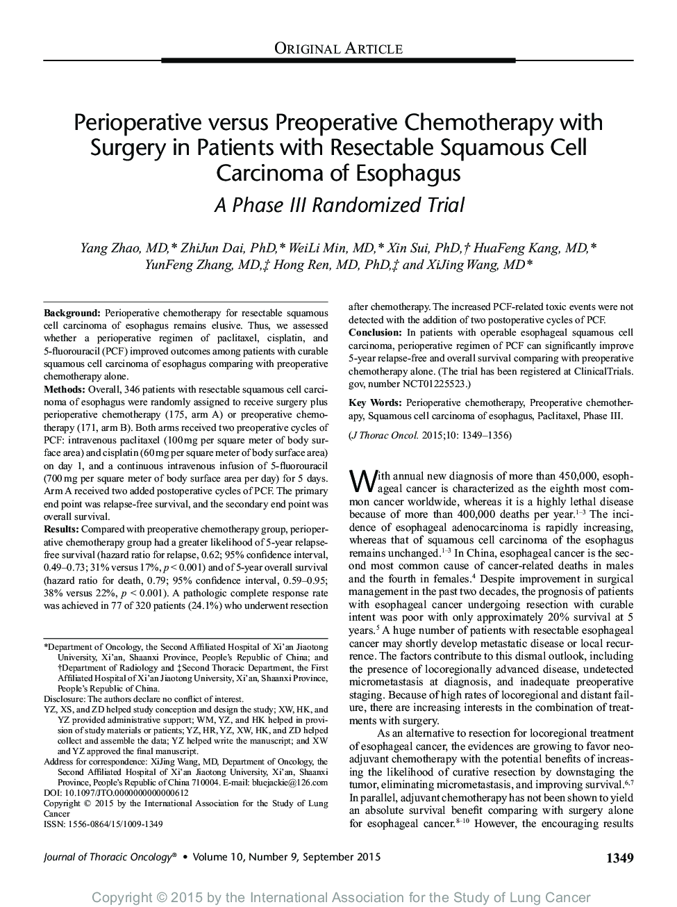 Perioperative versus Preoperative Chemotherapy with Surgery in Patients with Resectable Squamous Cell Carcinoma of Esophagus