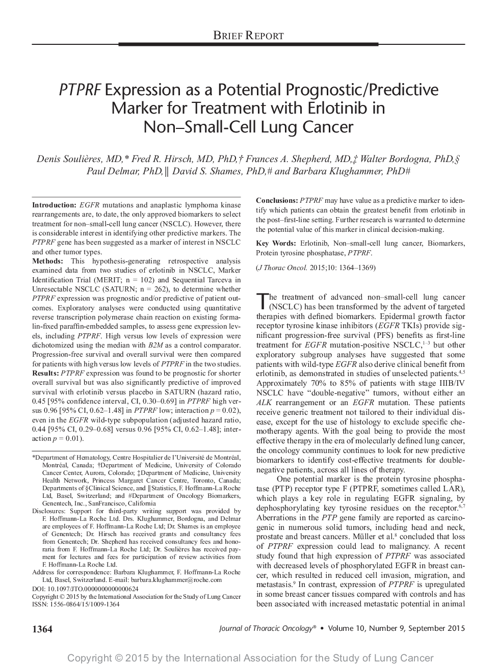 PTPRF Expression as a Potential Prognostic/Predictive Marker for Treatment with Erlotinib in Non-Small-Cell Lung Cancer