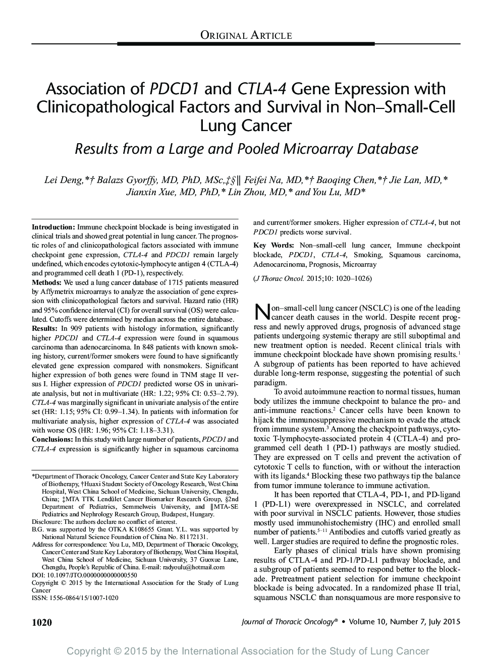 Association of PDCD1 and CTLA-4 Gene Expression with Clinicopathological Factors and Survival in Non-Small-Cell Lung Cancer: Results from a Large and Pooled Microarray Database