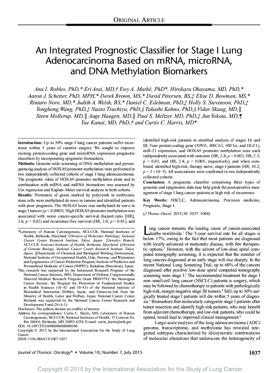 An Integrated Prognostic Classifier for Stage I Lung Adenocarcinoma Based on mRNA, microRNA, and DNA Methylation Biomarkers