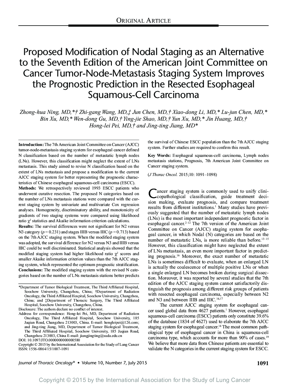 Proposed Modification of Nodal Staging as an Alternative to the Seventh Edition of the American Joint Committee on Cancer Tumor-Node-Metastasis Staging System Improves the Prognostic Prediction in the Resected Esophageal Squamous-Cell Carcinoma