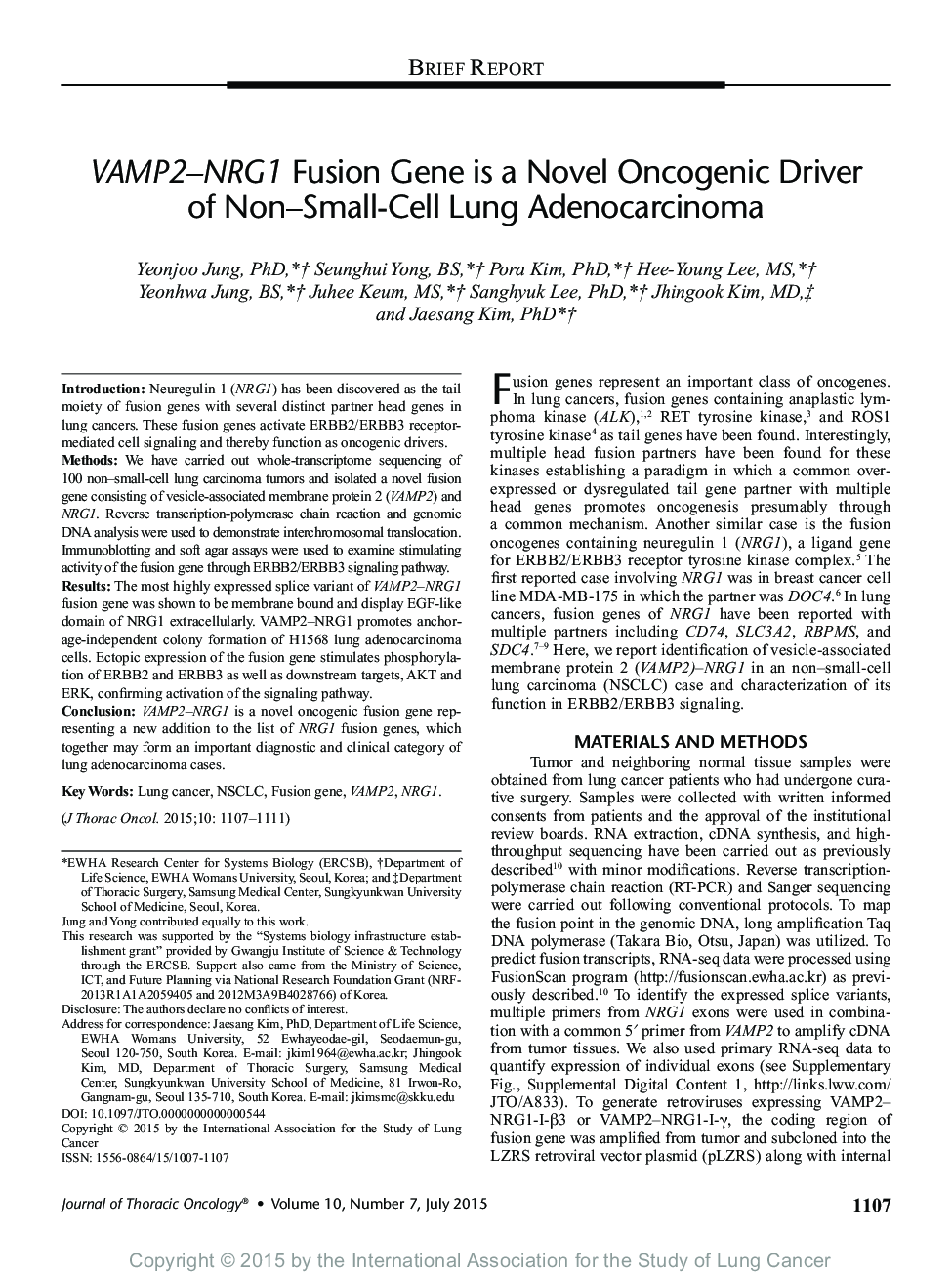 VAMP2-NRG1 Fusion Gene is a Novel Oncogenic Driver of Non-Small-Cell Lung Adenocarcinoma