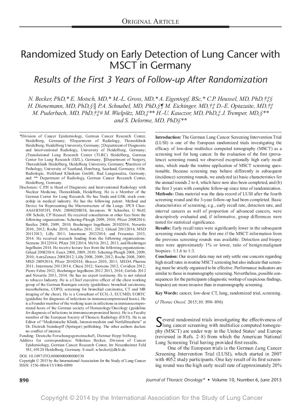 Randomized Study on Early Detection of Lung Cancer with MSCT in Germany: Results of the First 3 Years of Follow-up After Randomization