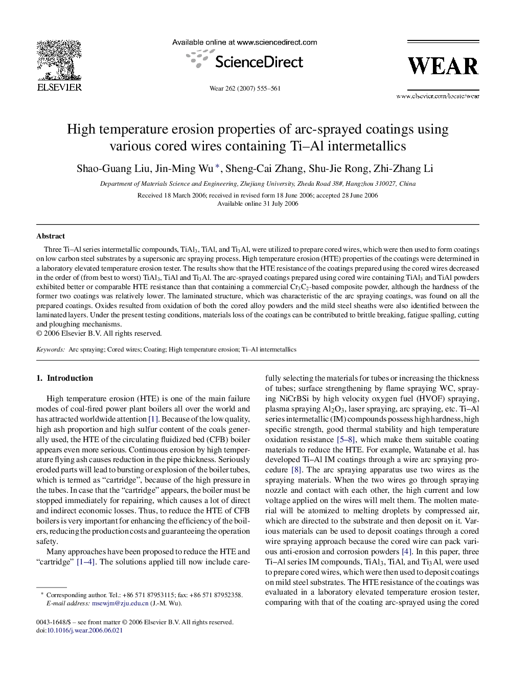 High temperature erosion properties of arc-sprayed coatings using various cored wires containing Ti–Al intermetallics