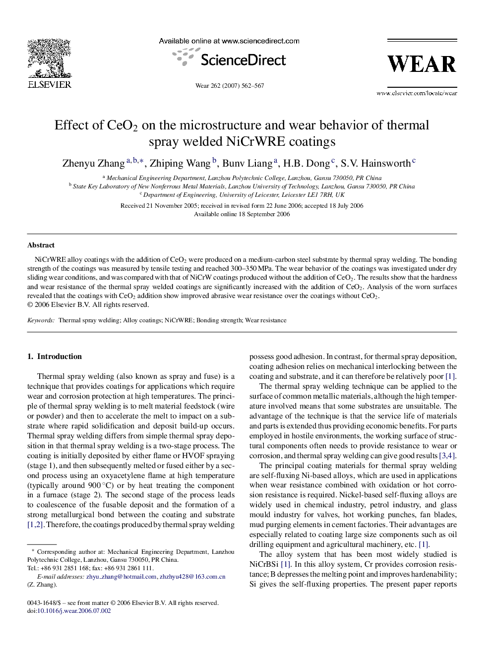 Effect of CeO2 on the microstructure and wear behavior of thermal spray welded NiCrWRE coatings