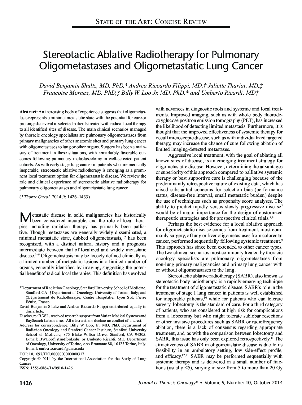 Stereotactic Ablative Radiotherapy for Pulmonary Oligometastases and Oligometastatic Lung Cancer