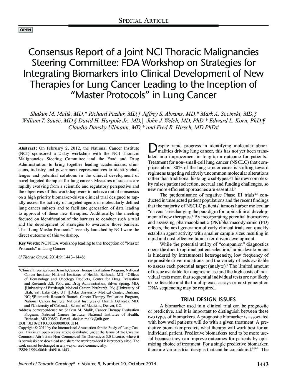 Consensus Report of a Joint NCI Thoracic Malignancies Steering Committee: FDA Workshop on Strategies for Integrating Biomarkers into Clinical Development of New Therapies for Lung Cancer Leading to the Inception of “Master Protocols” in Lung Cancer