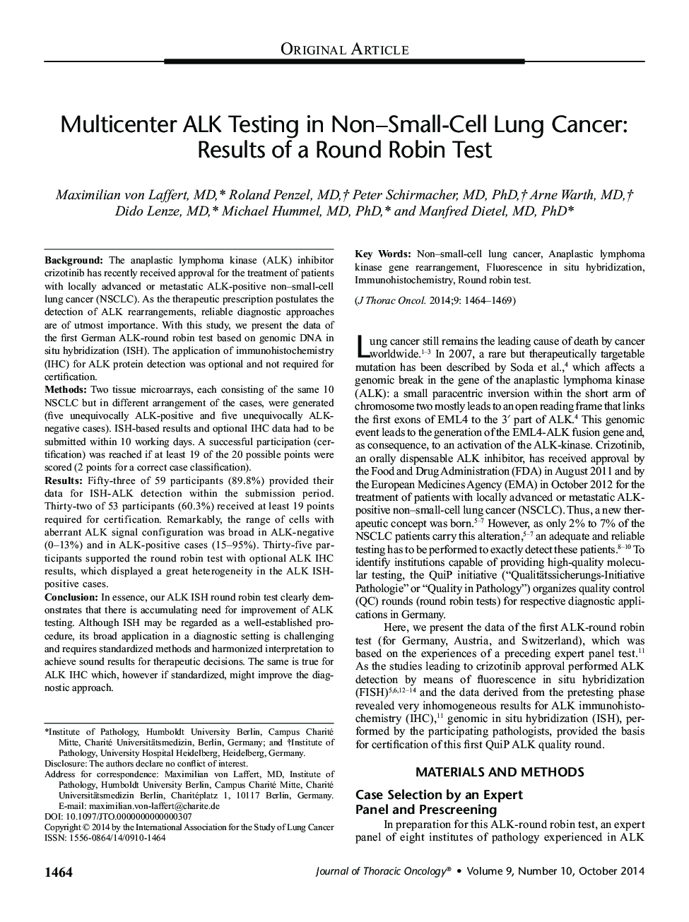 Multicenter ALK Testing in Non-Small-Cell Lung Cancer: Results of a Round Robin Test