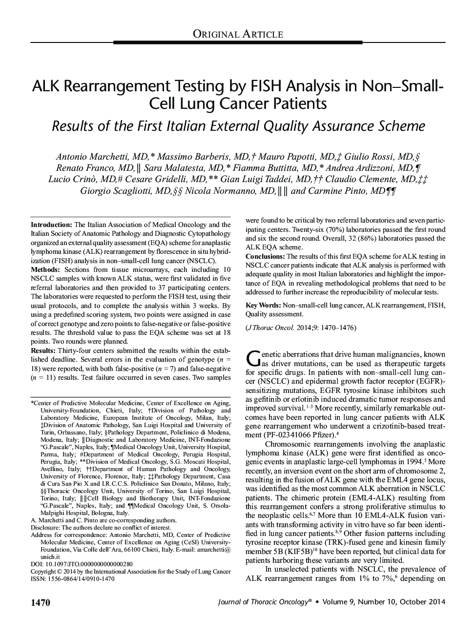 ALK Rearrangement Testing by FISH Analysis in Non-Small-Cell Lung Cancer Patients: Results of the First Italian External Quality Assurance Scheme