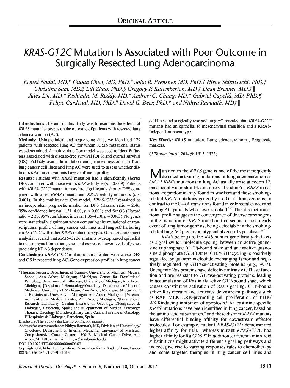 KRAS-G12C Mutation Is Associated with Poor Outcome in Surgically Resected Lung Adenocarcinoma