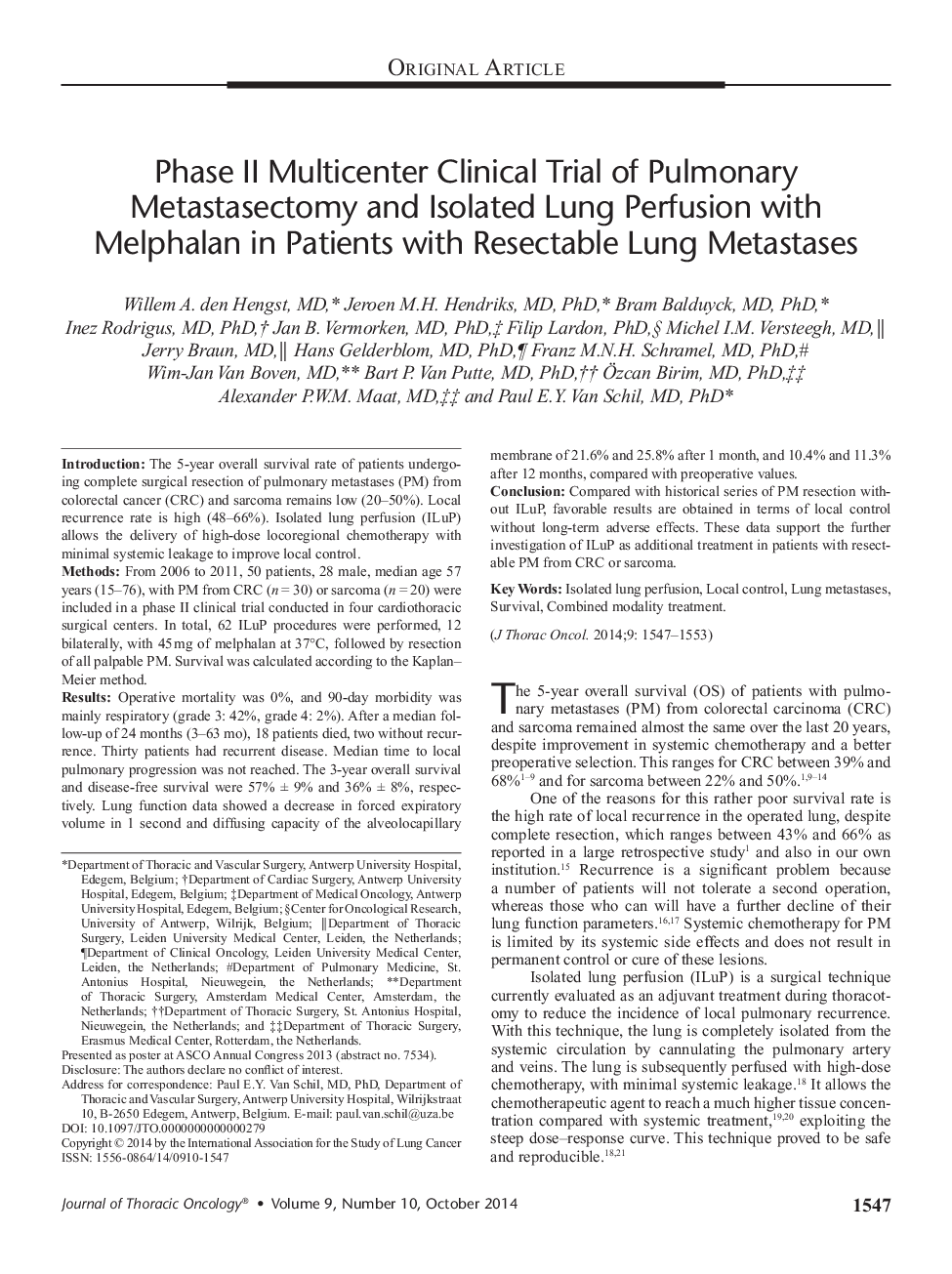 Phase II Multicenter Clinical Trial of Pulmonary Metastasectomy and Isolated Lung Perfusion with Melphalan in Patients with Resectable Lung Metastases