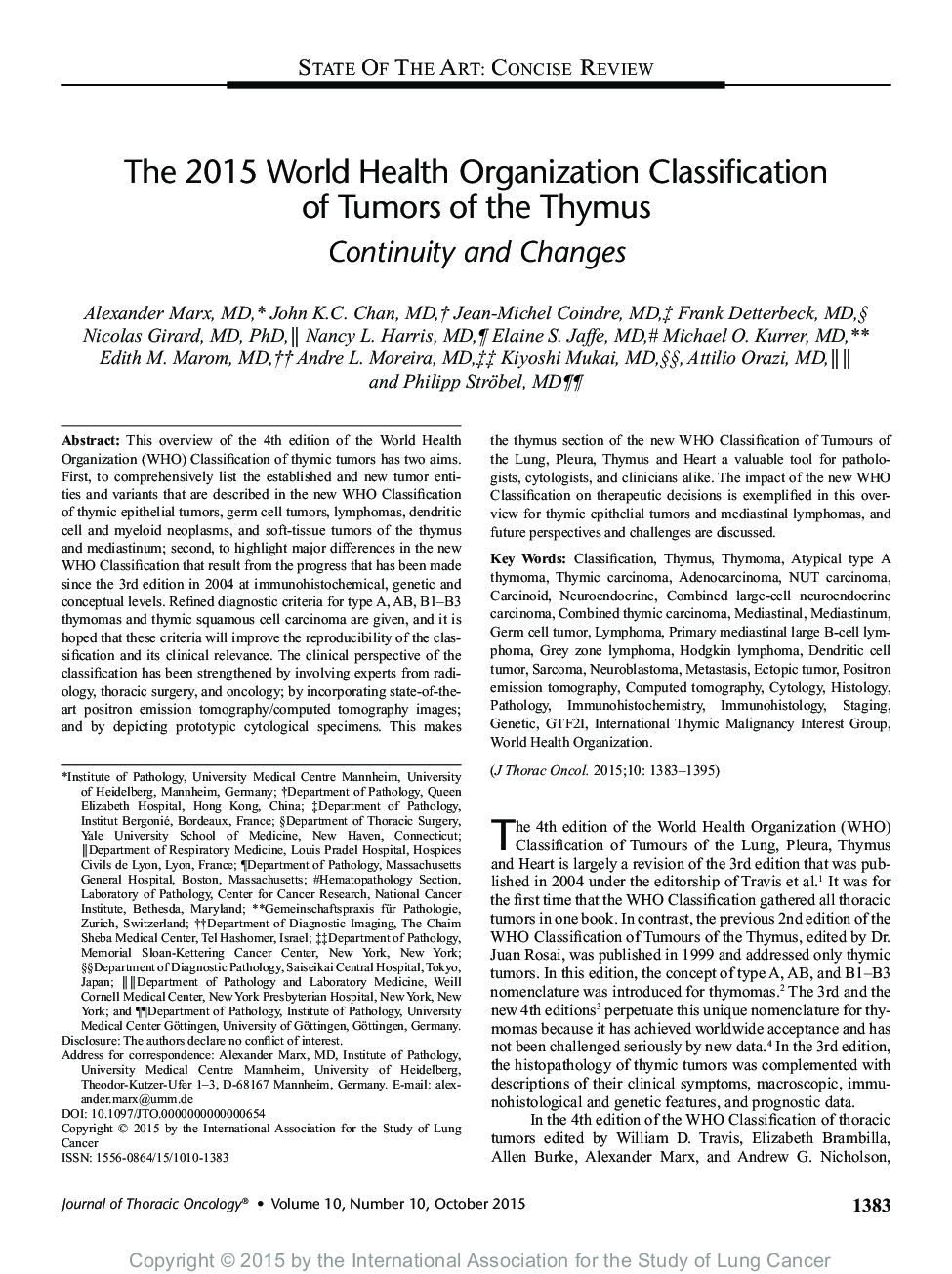 The 2015 World Health Organization Classification of Tumors of the Thymus: Continuity and Changes
