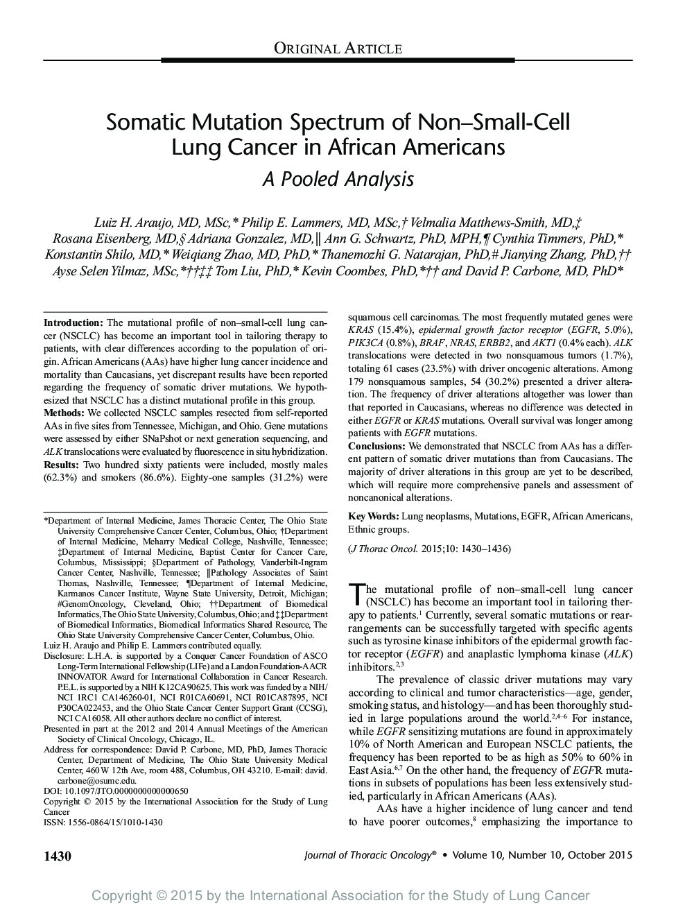 Somatic Mutation Spectrum of Non-Small-Cell Lung Cancer in African Americans: A Pooled Analysis