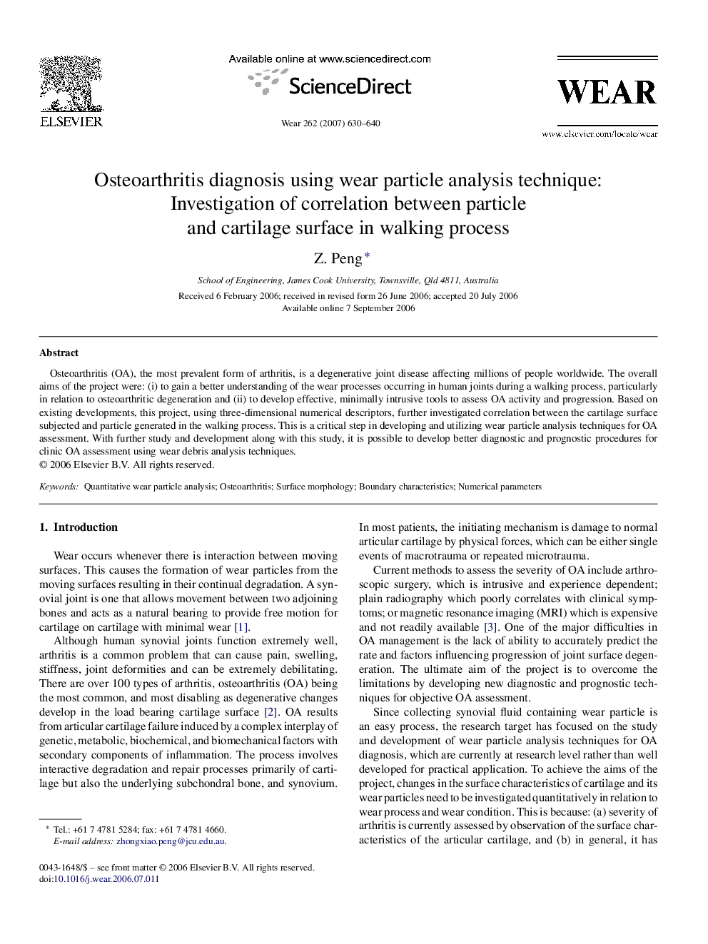 Osteoarthritis diagnosis using wear particle analysis technique: Investigation of correlation between particle and cartilage surface in walking process