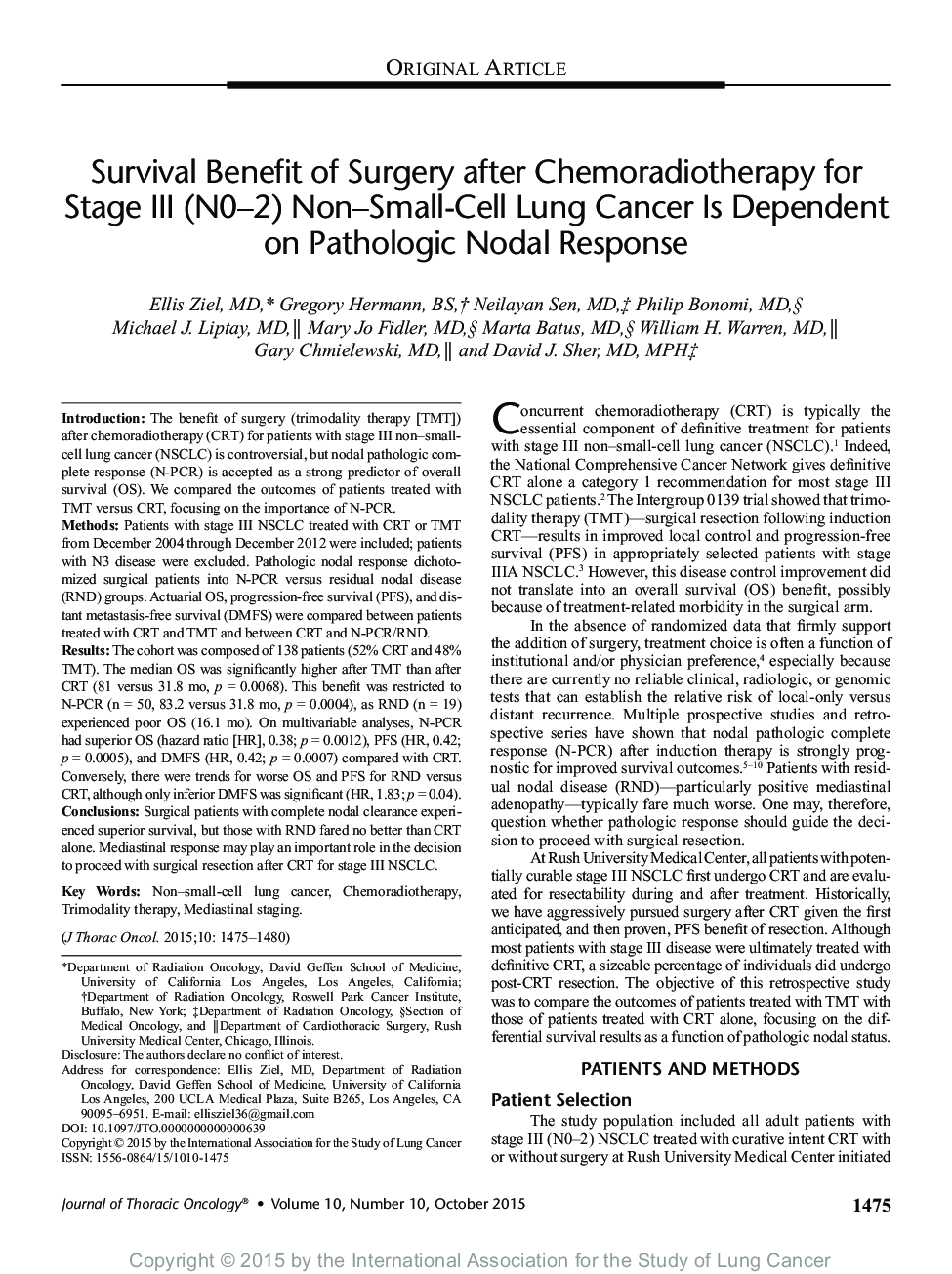 Survival Benefit of Surgery after Chemoradiotherapy for Stage III (N0-2) Non-Small-Cell Lung Cancer Is Dependent on Pathologic Nodal Response