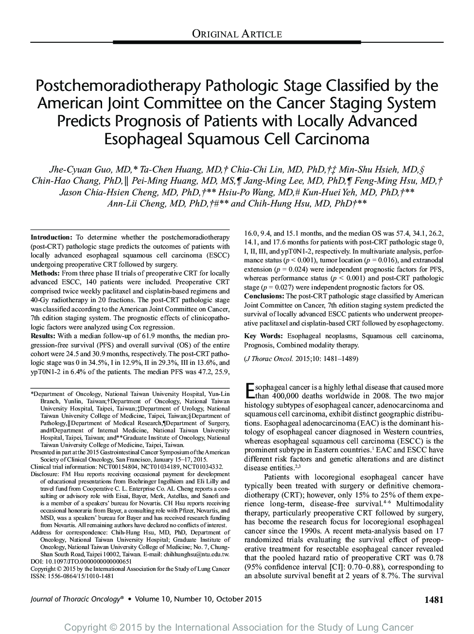 Postchemoradiotherapy Pathologic Stage Classified by the American Joint Committee on the Cancer Staging System Predicts Prognosis of Patients with Locally Advanced Esophageal Squamous Cell Carcinoma