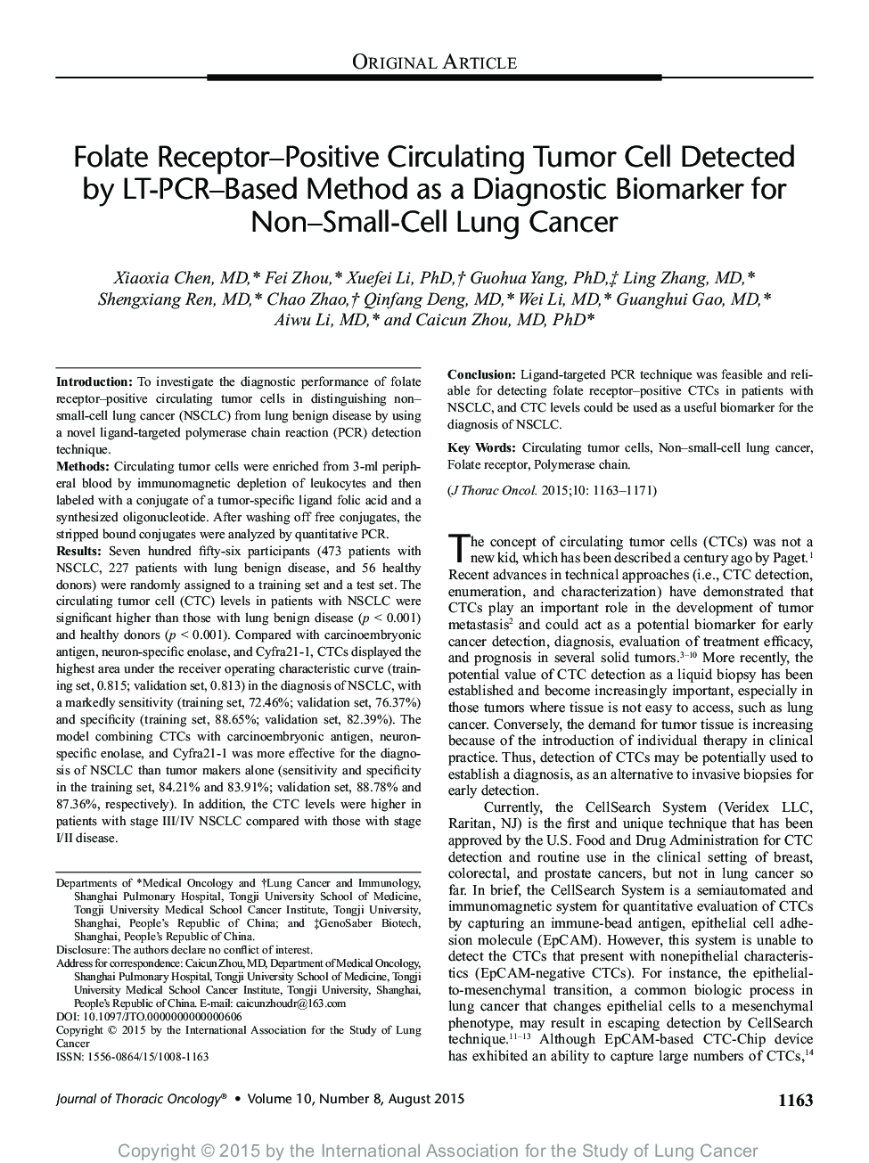 Folate Receptor-Positive Circulating Tumor Cell Detected by LT-PCR-Based Method as a Diagnostic Biomarker for Non-Small-Cell Lung Cancer