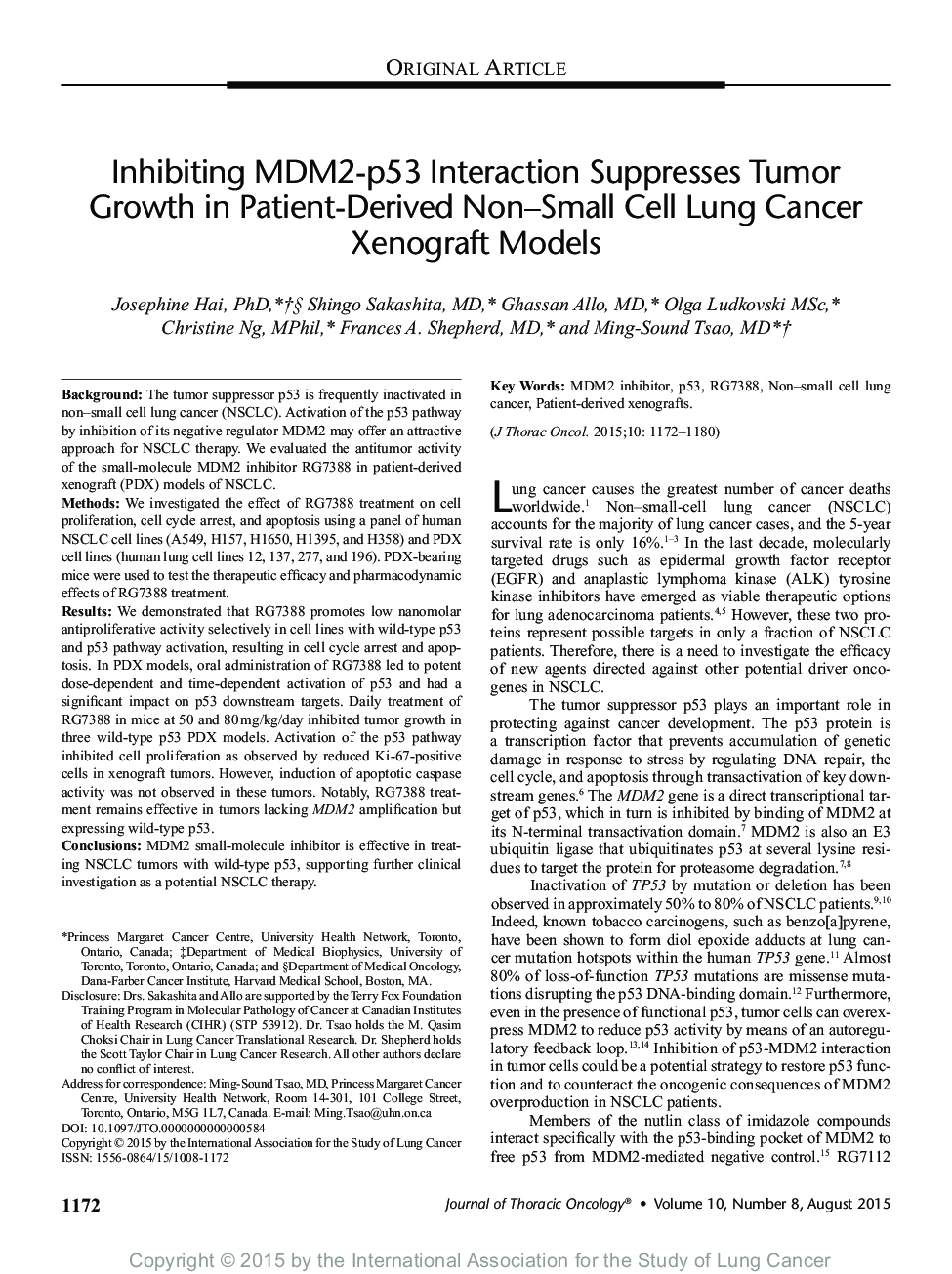 Inhibiting MDM2-p53 Interaction Suppresses Tumor Growth in Patient-Derived Non-Small Cell Lung Cancer Xenograft Models