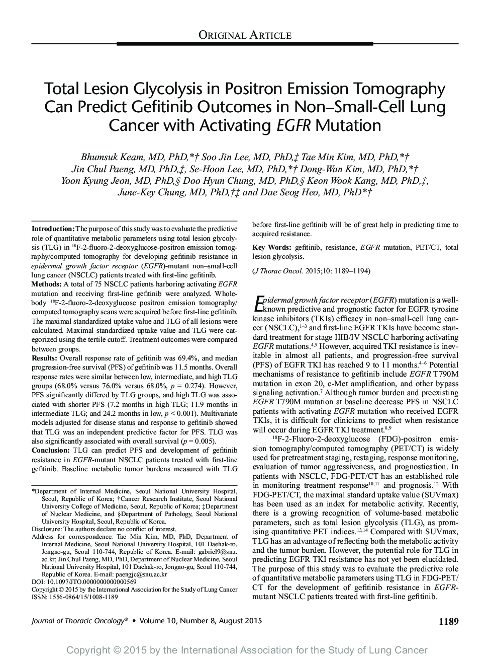 Total Lesion Glycolysis in Positron Emission Tomography Can Predict Gefitinib Outcomes in Non-Small-Cell Lung Cancer with Activating EGFR Mutation