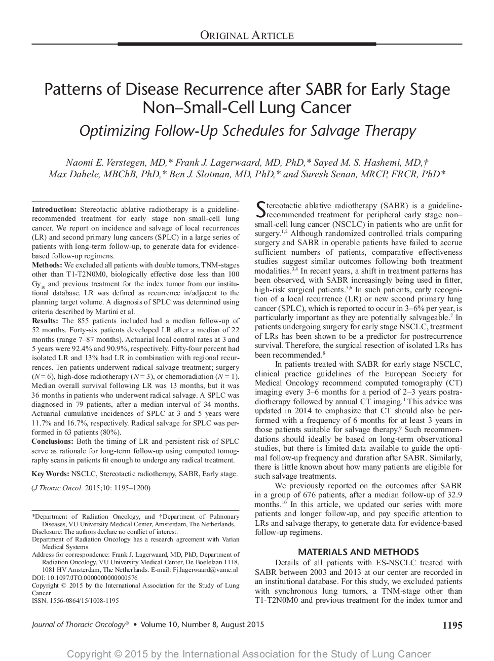 Patterns of Disease Recurrence after SABR for Early Stage Non-Small-Cell Lung Cancer: Optimizing Follow-Up Schedules for Salvage Therapy